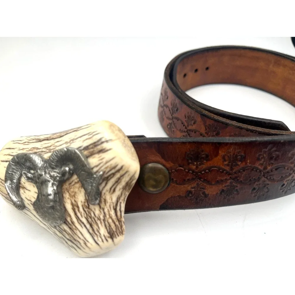 Vtg Antler Burr Belt Buckle 3D pewter Bighorn Ram Tooled Leather Belt Americana